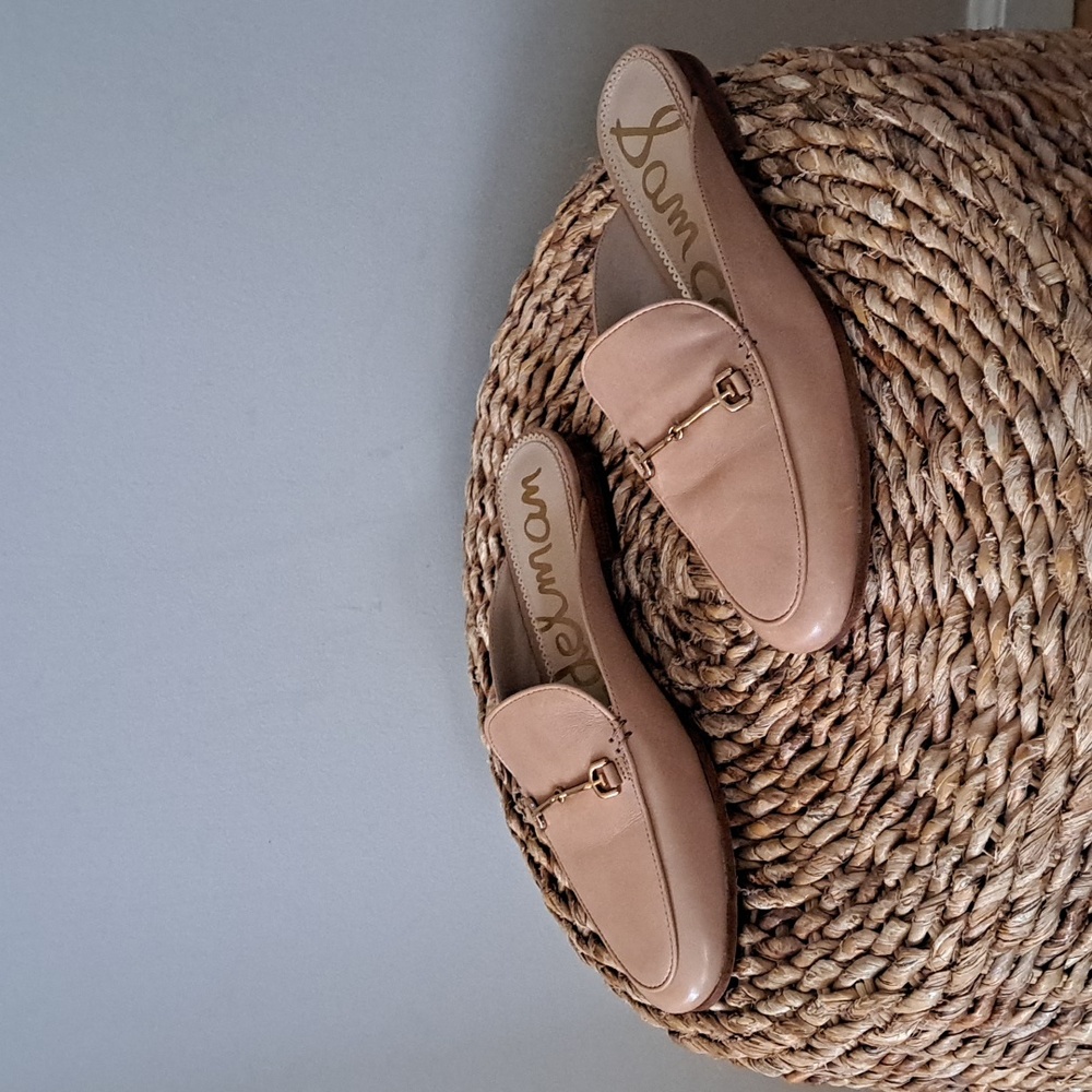 Sam Edelman Womens Linnie Sand Tan Leather Mules Gold Metal Cross Bit S-7 - Picture 2 of 9